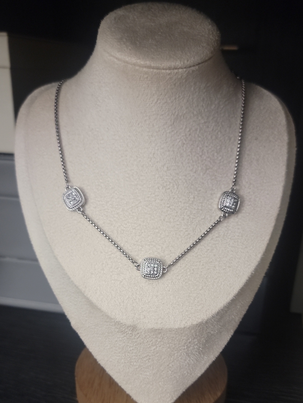 Silver Square Pave Station Necklace - Silver